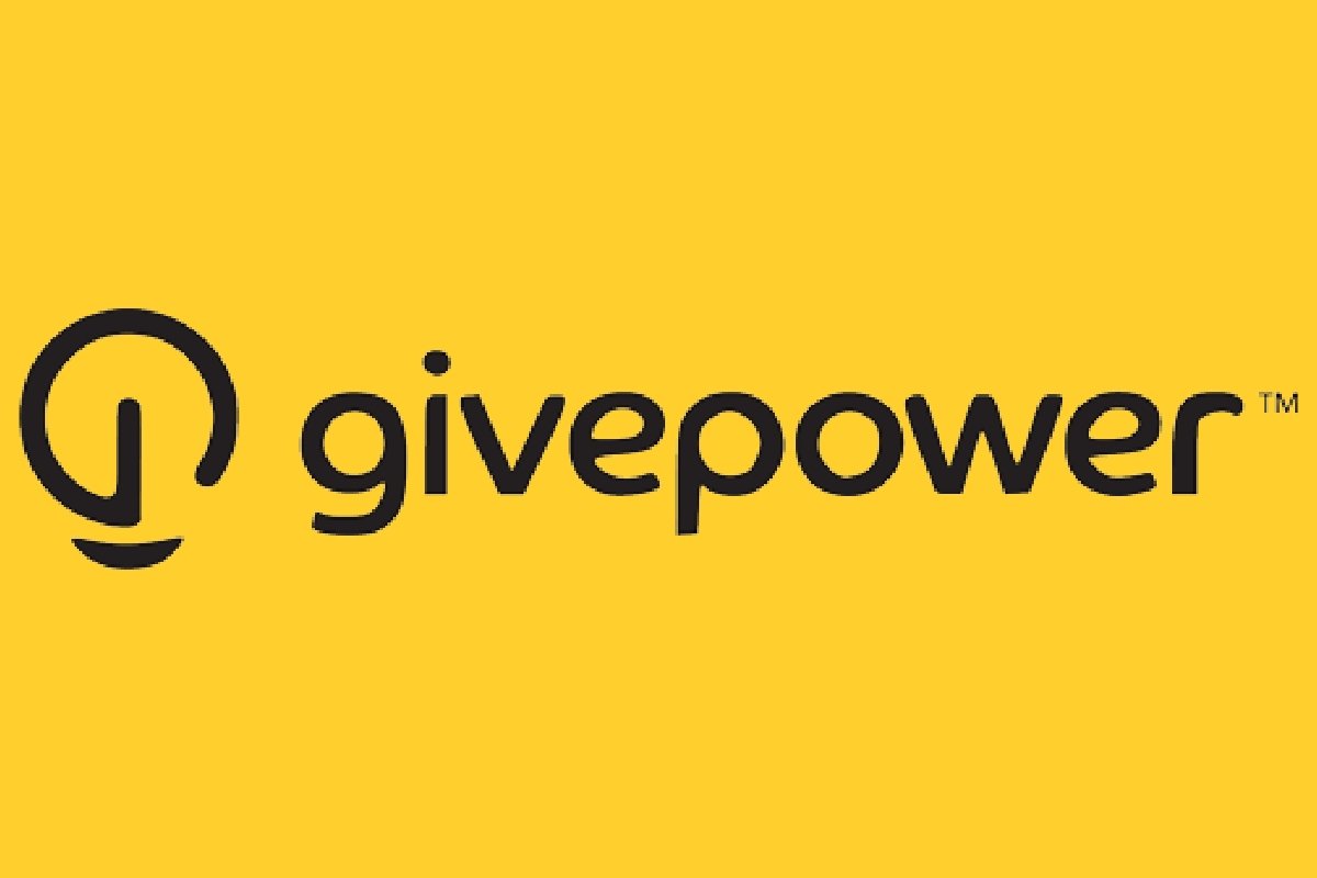 Give power logo, yellow background with black text