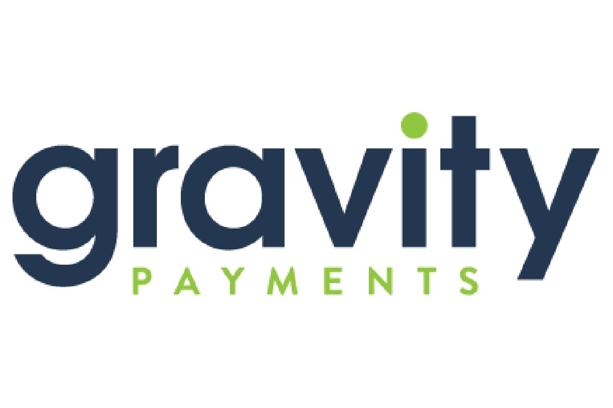 Gravity payments logo, lettering in navy blue and lime green